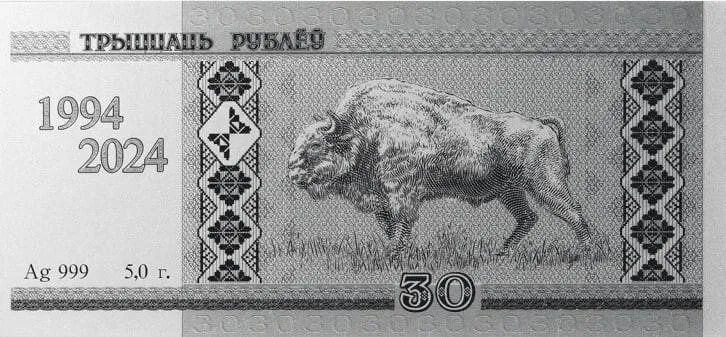 Монета "Белорусский рубль. 30 лет", 2024 г., Серебро, 5 гр., проба 999, БЕЛАРУСЬ