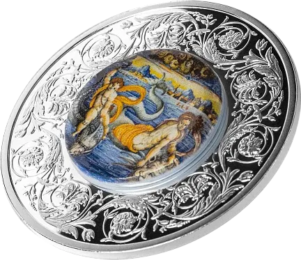 Монета "Венера и Купидон", плывущие на дельфинах, 2025 г., Серебро, 31,1 гр., проба 999, МАЛЬТА